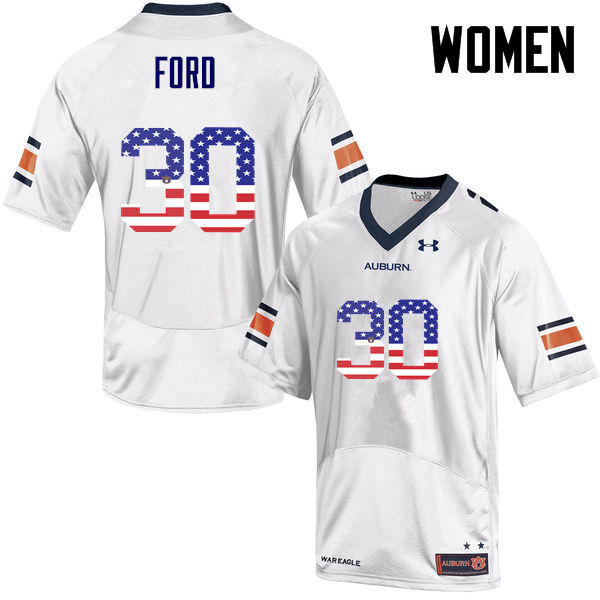 Auburn Tigers Women's Dee Ford #30 White Under Armour Stitched College USA Flag Fashion NCAA Authentic Football Jersey HAK8674GV